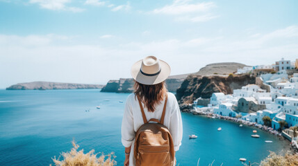 Tourist Woman with Hat and Backpack in Santorini, Greece. Wanderlust concept. - obrazy, fototapety, plakaty