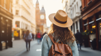 Tourist Woman with Hat and Backpack in London. Wanderlust concept.