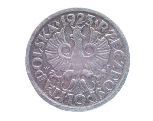 Polish coin groszy isolated on white.