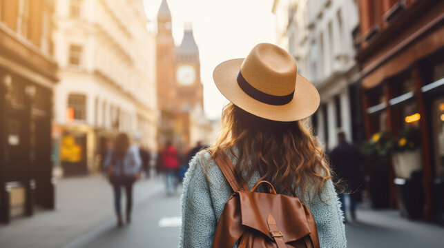 Tourist Woman with Hat and Backpack in London. Wanderlust concept.