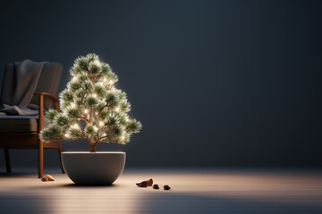 Beautiful Christmas pine tree in a pot, in a room with dark walls. Minimalist interior, contemporary home decor. Space for text.