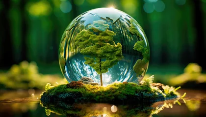 Fotobehang Crystal Earth, the concept of preserving a green planet with a green earth under a blue sky in a protective shell. Generative AI © keks20034