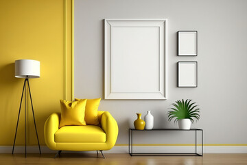 Blank picture frame mockup in yellow room,. Generative AI