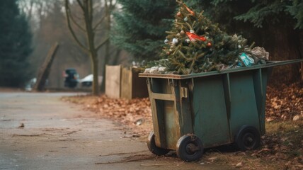 Abandoned Dead Christmas Tree in Garbage Bin: Symbolizing Irresponsible Behavior Towards Nature and Need for Deforestation Ban