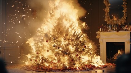Blazing Christmas Tree: Flames and Heat Consuming the Festive Decoration - obrazy, fototapety, plakaty