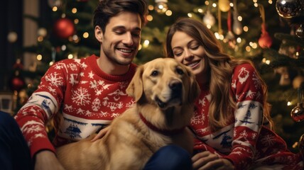 Festive Labrador and Sweater-Clad Family Celebrating Christmas with Decorated Tree and Smiling Girl