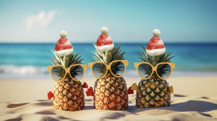 Fun-loving Pineapple Family with Stylish Sunglasses Celebrate Hawaiian Christmas on a Turquoise Beach