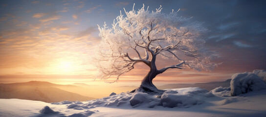 Fototapeta na wymiar Cold season outdoors landscape, a frost tree in meadow, ground covered with ice and snow at sunset - Winter seasonal background