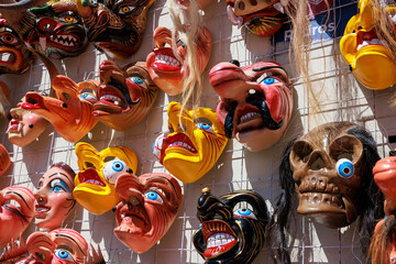 Masks in the market for the festival of the Virgin of Carmen, Paucartambo - Cusco Peru - obrazy, fototapety, plakaty