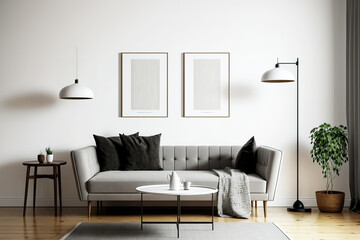 Two blank vertical posters on a white wall are in a living room with a brown leather couch, carpet, floor lamp, and coffee table on hardwood floors. Generative AI