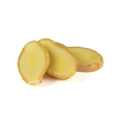 Fresh ginger rhizome with sliced isolated on white background. 