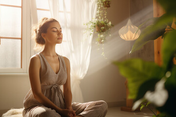 a young woman meditating at home in early morning light - obrazy, fototapety, plakaty