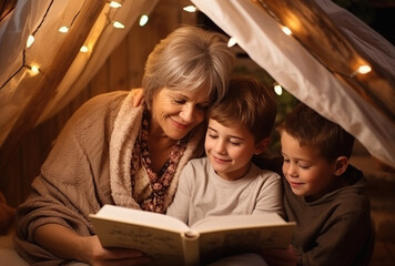 grandmother reading a book to her two young grandchildren