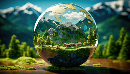 Crystal Earth, the concept of preserving a green planet with a green earth under a blue sky in a protective shell. Generative AI - obrazy, fototapety, plakaty