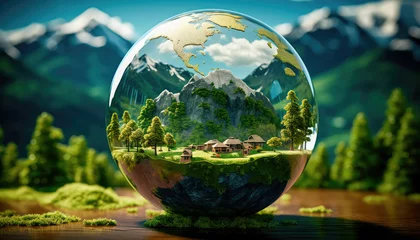 Foto op Canvas Crystal Earth, the concept of preserving a green planet with a green earth under a blue sky in a protective shell. Generative AI © keks20034