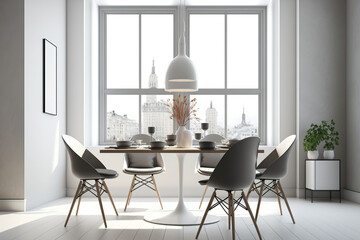 Interior of dining room with white parquet floor, window with city view, and grey chairs and dishes on the table. Blank space for copying. Generative AI