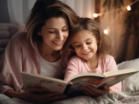 A preschool-age girl smiles while reading a storybook with her mom, creating a heartwarming moment.