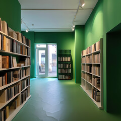 an empty book shop in green color
