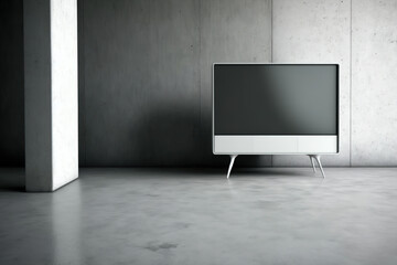 Front view of light TV stand with blank white screen in interior with textured concrete wall and shining floor. Mockup,. Generative AI