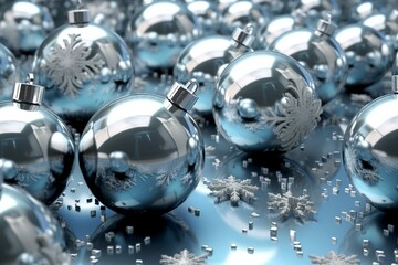 Shiny Christmas balls and snowflake. Generative AI