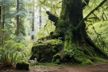 ancient tree trunk in dense evergreen forest. Generative AI - obrazy, fototapety, plakaty