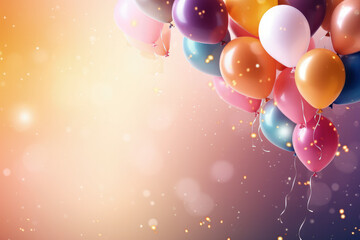 Bright helium balloons and confetti, ideal for a celebratory postcard.