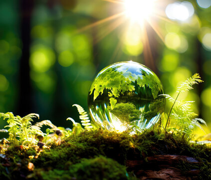Earth day concept. Crystalline earth on the soil in the forest with moss and sunlight. Generative AI