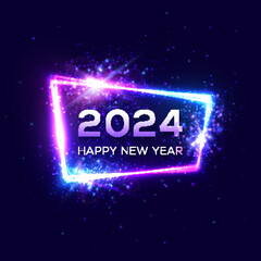 Happy New Year 2024 neon light signboard. Holiday greeting card or banner design. Electric celebration sign with text star sparkle. Festive New Year night club frame. 3d border vector illustration.