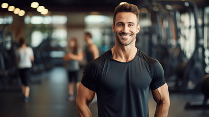 Obraz premium A fitness coach, in a gym setting, enthusiastically holds both thumbs up, exuding positivity and motivation, with a blurred gym background.