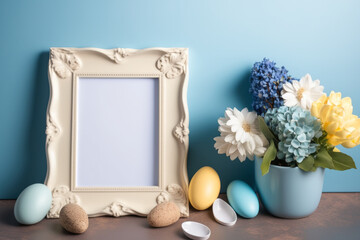 composition on a table beside a beige wall with a photo frame, Easter eggs, and flowers. Generative AI