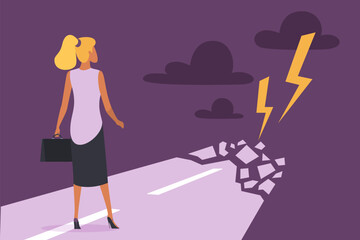 Businesswomans challenge, gender obstacle on way and discrimination vector illustration. Cartoon lightning and danger break road in front of walking woman, career growth limit due to prejudice