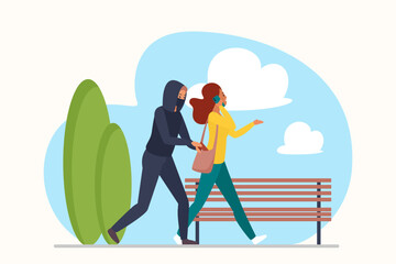 Street wallet theft vector illustration. Cartoon hurrying young woman walking and talking on mobile phone, thief in disguise sneaking to steal purse with money or credit card from bag of victim - obrazy, fototapety, plakaty