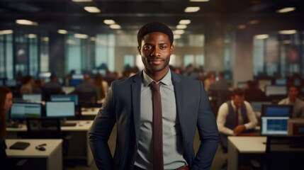 A confident business man in an office setting. Generative AI.  - obrazy, fototapety, plakaty
