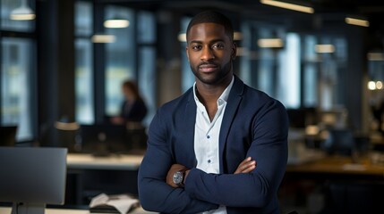 Fototapeta premium A confident business man in an office setting. Generative AI. 