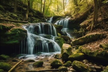 A forest waterfall flowing over rocks. Generative AI