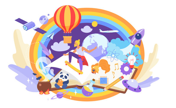 Magic world of book, fantasy and inspiration from reading vector illustration. Cartoon open storybook with fairytale characters, rockets and balloon on paper pages, fairy adventure in imagination