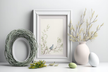 Easter house decor. mockup with light background, white frame, and willow branch vase. Generative AI