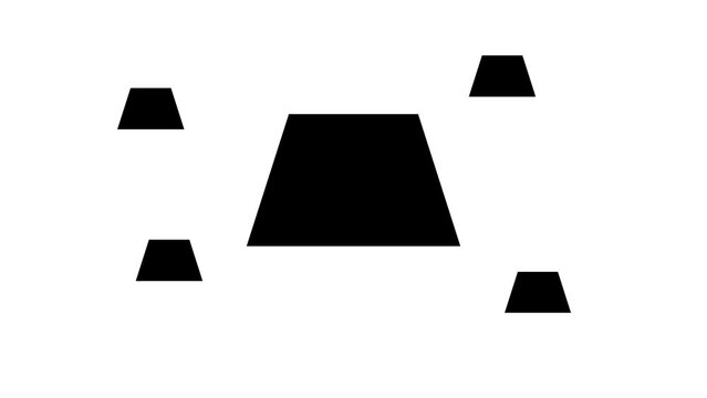 Zoom in and out animation the trapezoid symbol. Large black symbol in the center and four small symbols around. Seamless looped 4k animation on white background