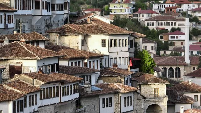 Aerial Drone telephoto Long Focal Length Shot ofHouses in Berat city in Albania. Historical oriental houses in old town.