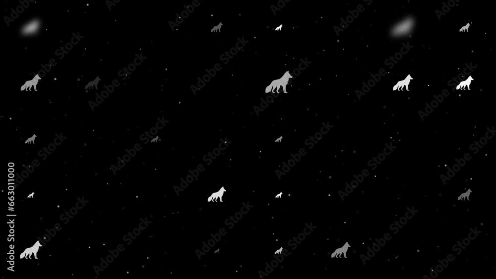 Poster template animation of evenly spaced wolf symbols of different sizes and opacity. animation of transp