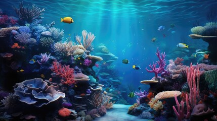 Naklejka na ściany i meble An image of an underwater world with a group of sea creatures and vibrant coral reefs.