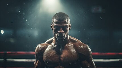 Image of a boxer standing in the center of the ring. - obrazy, fototapety, plakaty