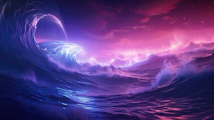Image of a digital wave composed of vibrant purple particles. - obrazy, fototapety, plakaty