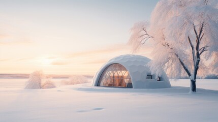 Image of a Nordic landscape with an igloo. - obrazy, fototapety, plakaty