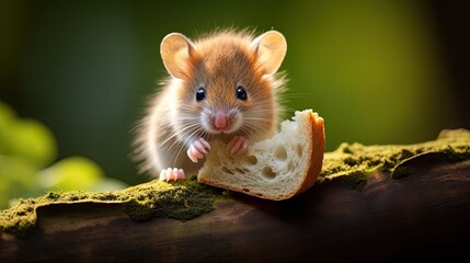 Fototapeta premium Image of a tiny mouse with a small piece of bread.