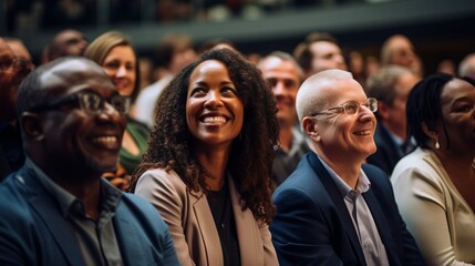 Diverse audience enjoying a business conference; attention foused on off-screen speaker
