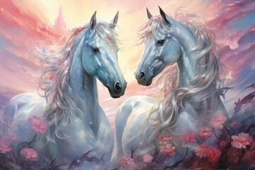 Obraz na płótnie Canvas Majestic unicorns with shimmering silver horns - Generative AI