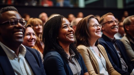 Obraz premium Diverse audience enjoying a business conference; attention foused on off-screen speaker