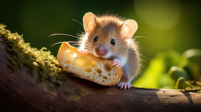 Image of a tiny mouse with a small piece of bread.