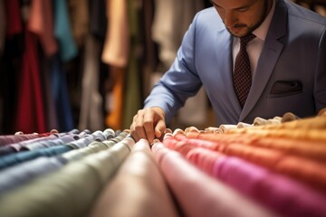 A tailor with color blindness needing assistance in matching different colored fabrics for a clients outfit. - obrazy, fototapety, plakaty